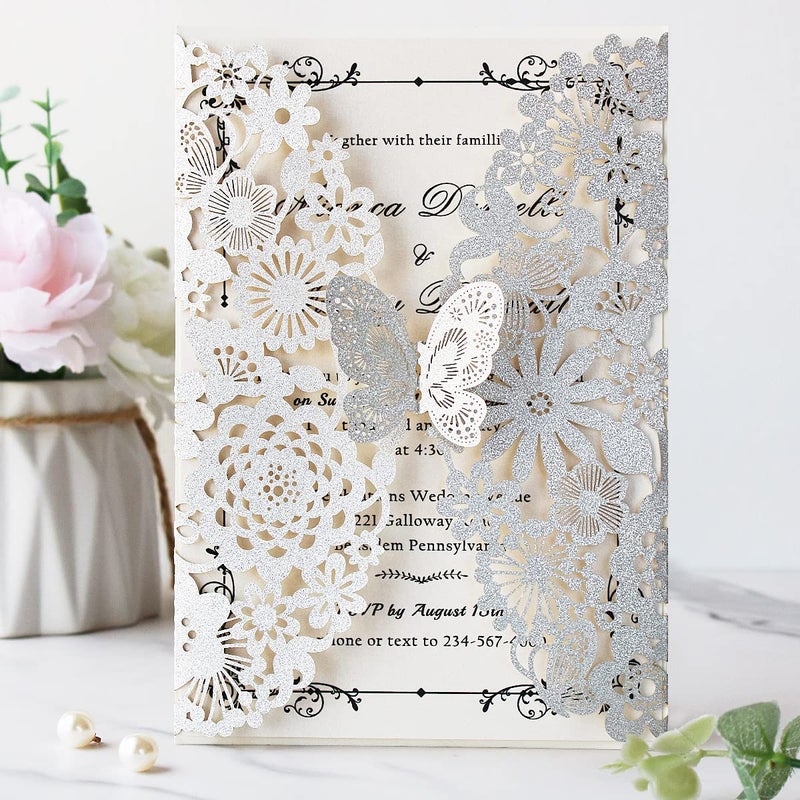 Hosmsua 5.12 x 7.3'' 50PCS Silver Laser Cut Butterfly Quinceanera Invitation Cards Lace Flora Weddding Invitations with Envelopes for QuinceaÃ±era Wedding Bridal Shower Invite (Silver Glitter) - Image 2